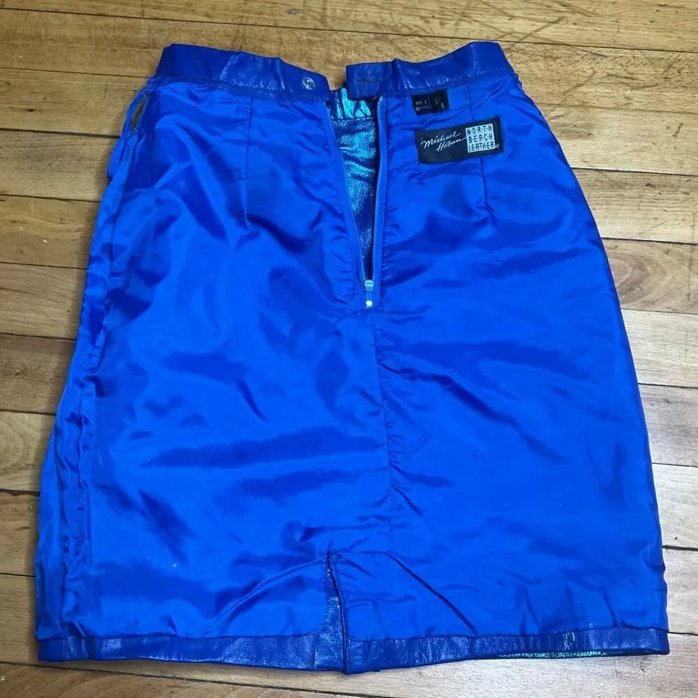Michael Hoban x North Beach Leather Upcycled Metallic Blue Mini Pencil Skirt 3/4